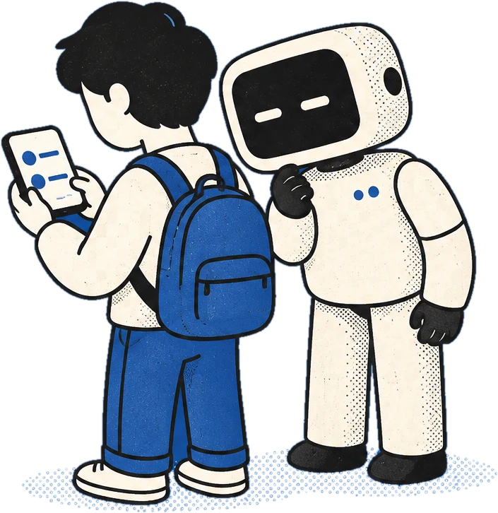 スマートフォンを見る学生とセンサくん