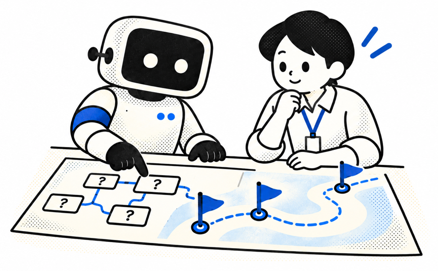 ロボットと担当者が、質問の地図と施策の道筋を一緒に見ている
